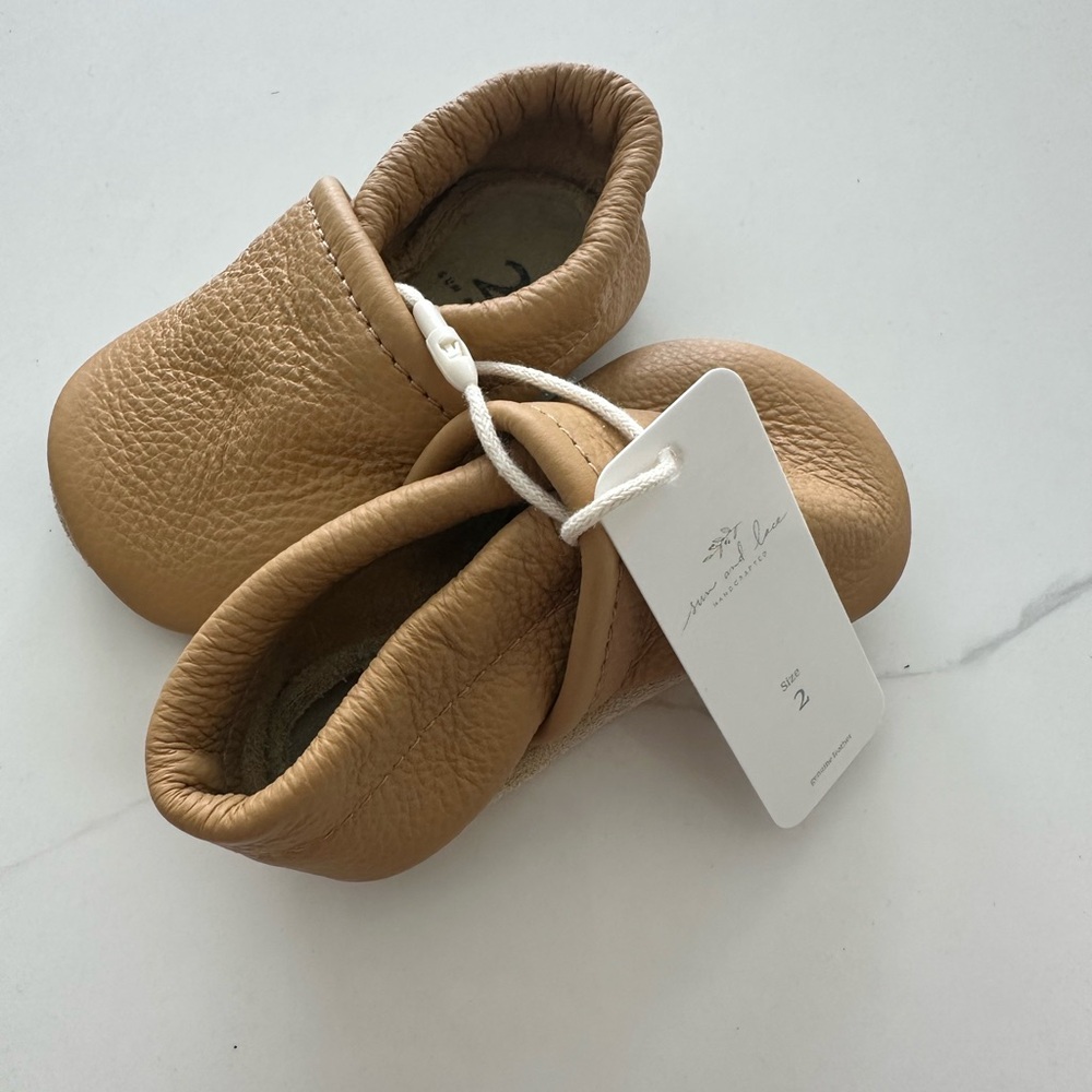 Sun and Lace Soft Tan Leather Baby Shoes (size 2)